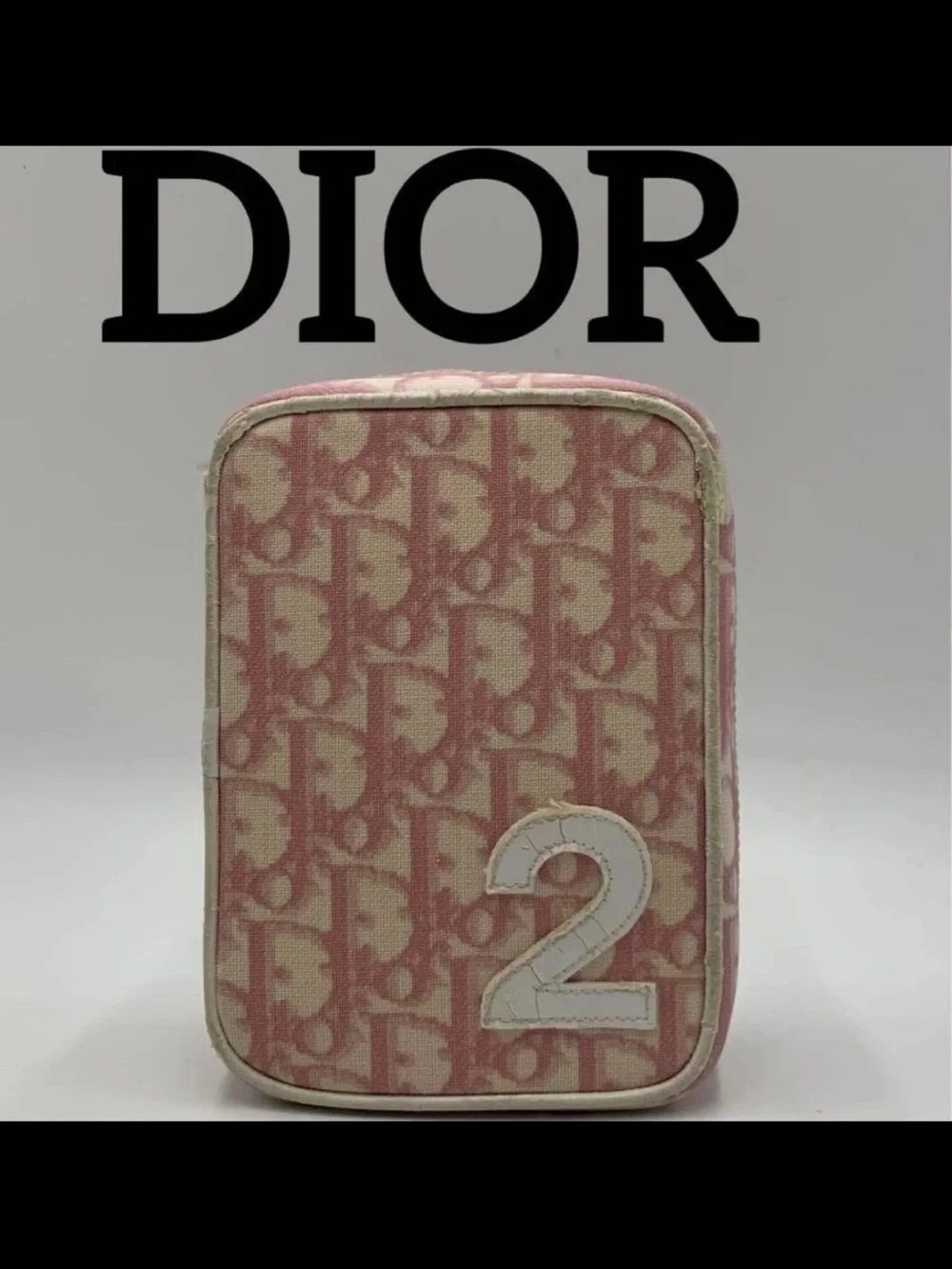 Dior Pink and Cream Oblique Canvas Pouch with White '2' Appliqué